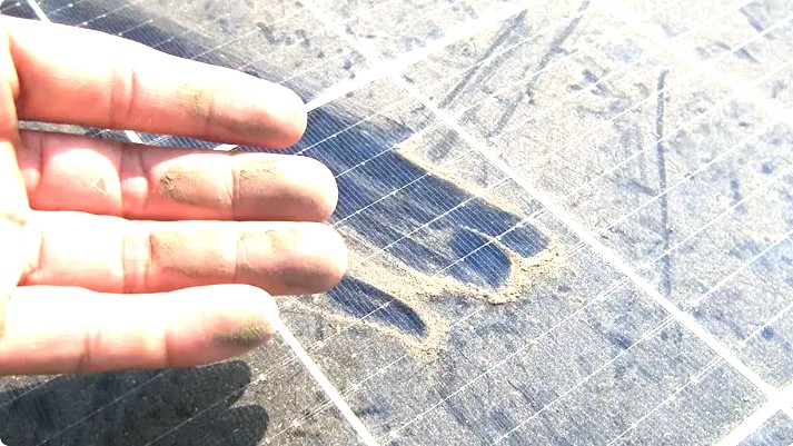 A hand leaves clean finger streaks through the heavy dust on a solar panel