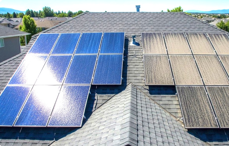 Residential solar panels: the same roof before (dirty, left) and after our DI-water wash (clean, right)